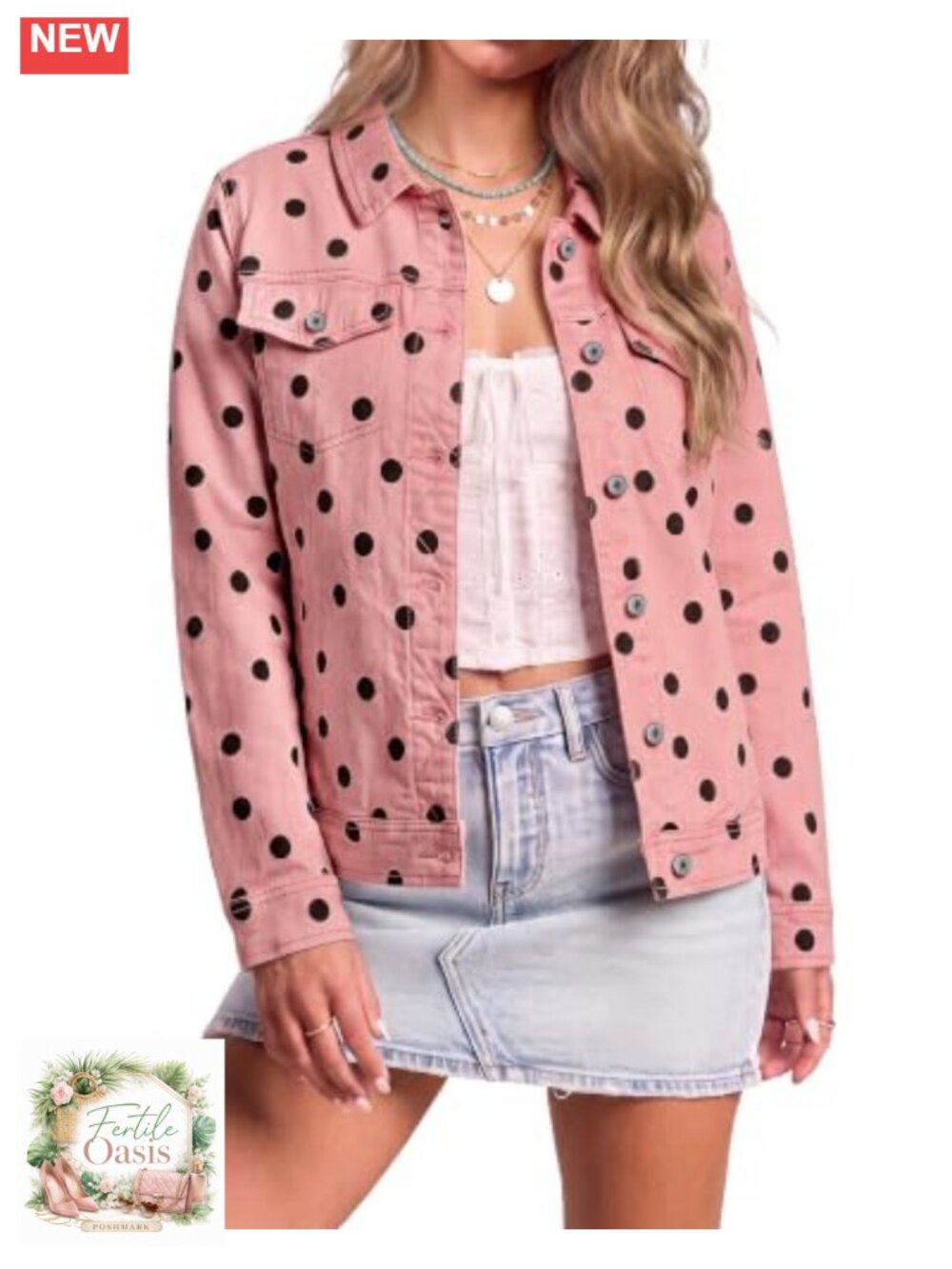 Women's Polka Dot Stretch Denim Jacket with Pockets